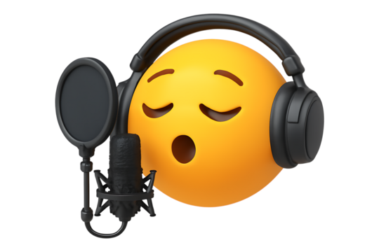 3D emoji singing into a studio microphone with headphones. Isolated icon PNG clip art for a podcast, music app, ASMR, or professional singer concept.
