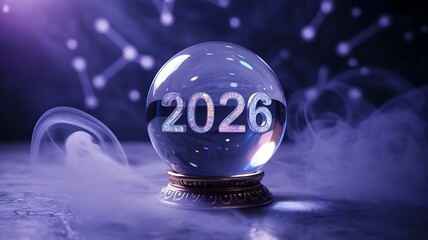 Crystal ball revealing 2026 with mystical purple smoke and glowing connections, symbolizing future, foresight, and innovation