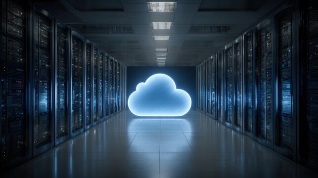 Glowing blue cloud symbol in a modern data center server room - Powered by Adobe
