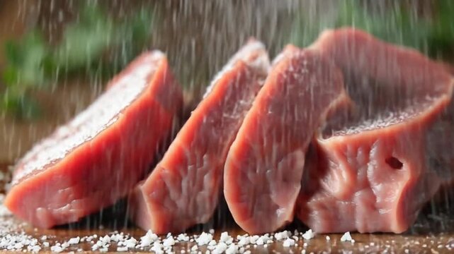 Juicy raw beef cut into slices with salt and spices for cooking at home