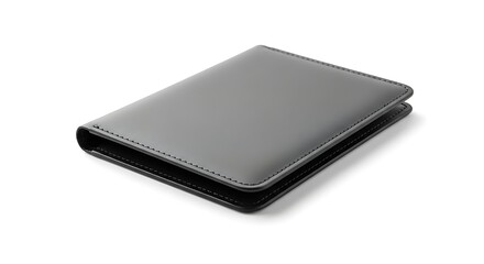 A close-up studio shot of a closed, dark gray leather wallet, isolated on white.