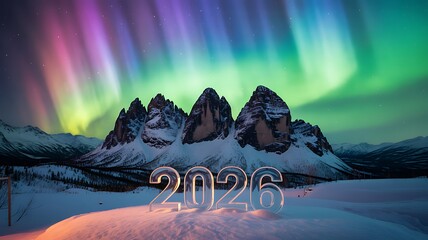 Majestic 2026 New Year celebration unfolds under vibrant Aurora Borealis over snow-capped mountains promising adventure and new beginnings