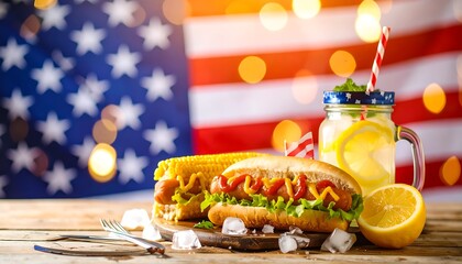 Patriotic hot dogs and lemonade on a wooden table in front of an American flag