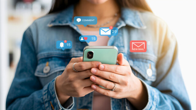 Woman checking social media notifications on her smartphone, with icons for likes, comments, and messages floating around the device - Powered by Adobe