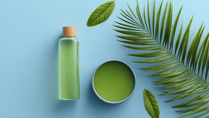 Light-green bottle and bowl, surrounded by tropical leaves on a light-blue background