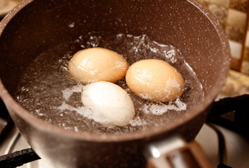 Pot of water with three eggs in it