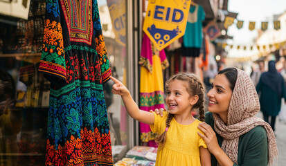 Naklejka premium A happy little girl and her mother shop at a vibrant outdoor market, pointing at colorful traditional clothing during an Eid celebration.