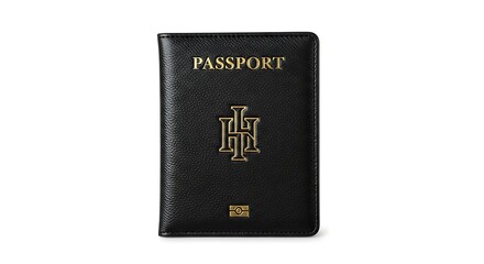 A close-up shot of a black passport cover with gold lettering and a logo.