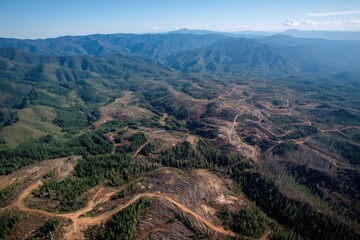 Fototapeta premium Aerial View of Deforested Mountains with Renewable Forestry Land