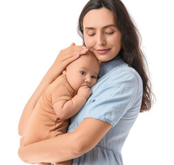 Happy mother with her little baby on white background. IVF concept