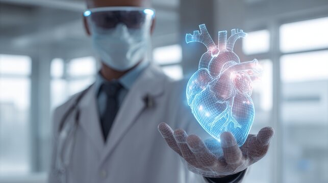 Doctor holding holographic human heart in futuristic medical technology