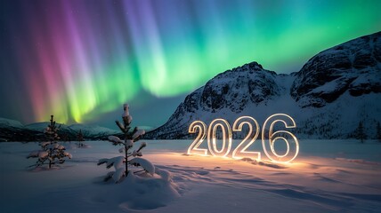 Stunning 2026 New Year celebration illuminated under vibrant Aurora Borealis in a magical snowy landscape