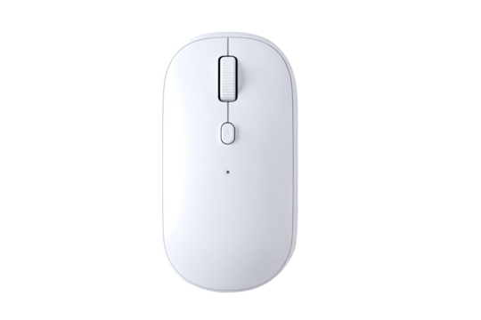 Top-down view of a white wireless computer mouse.  Simple, rounded shape.  Two buttons, one prominent switch.  Small, central LED indicator.  Glossy finish