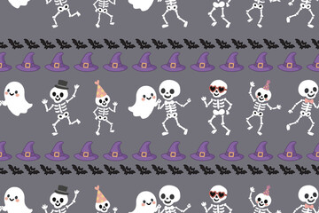 Halloween Skeletons, Ghosts and Witch Hats seamless repeat
