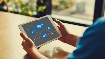 Concept of social media engagement and digital networking with a person holding a tablet displaying an interactive interface