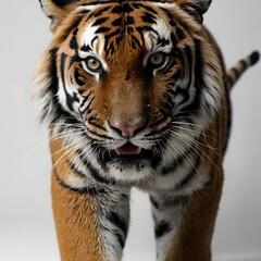Fototapeta premium Striking Tiger Portrait: A close-up studio shot of a majestic tiger, its piercing gaze and intricate stripe pattern captivating the viewer. The power and beauty of the animal are on full display.