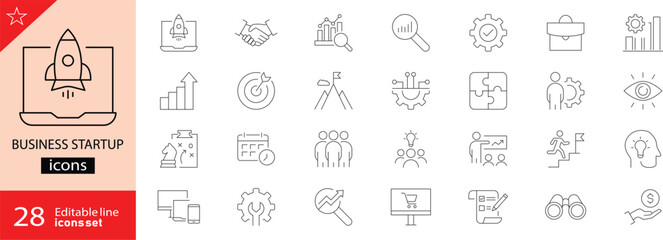 Startup business icons set. Includes icons for innovation, strategy, pitch, funding, growth, team, vision, and entrepreneurship. Line icons. Editable stroke. Perfect for infographics.