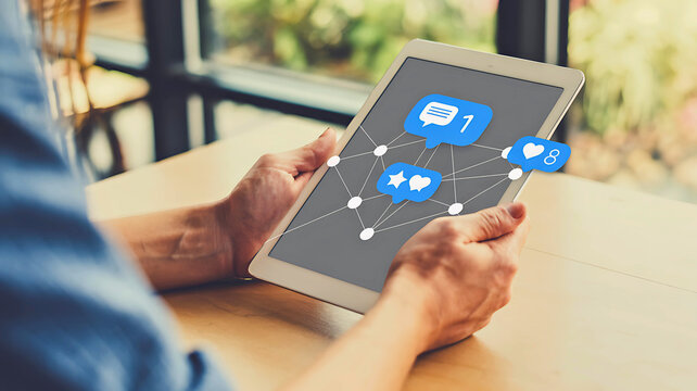 Person Holding Tablet with Social Media Engagement Graphics