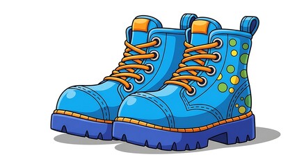 Cartoon illustration of a pair of bright blue children's boots with decorative spots.