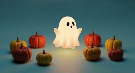 Glowing ghost surrounded by colorful pumpkins on a teal background for halloween fun