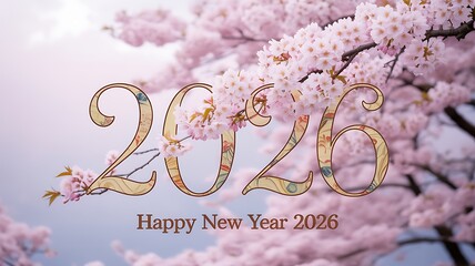 Embrace new beginnings with a stunning Happy New Year 2026 greeting featuring delicate cherry blossoms and elegant typography for a fresh start