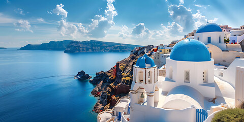 Whitewashed buildings with blue domes cascade down cliffside overlooking serene blue sea under cloudy sky
