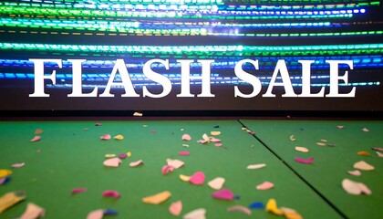 Confetti strewn across a green surface before a bright, blurred light display announcing a flash sale