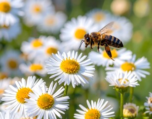 Obraz premium there is a bee flying over a field of white flowers
