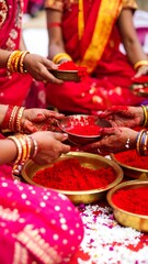 Fototapeta premium Hands sharing red powder at a ceremony