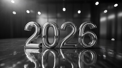 Shiny chrome numbers boldly display the year 2026 with reflective surfaces creating a modern, impactful visual for future planning and celebration