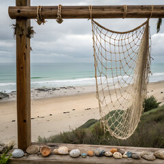 A fishing net hung on wood with a seaside background