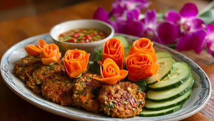 A beautifully arranged plate of gourmet vegetable patties garnished with artistic carrot roses and fresh cuke slices.