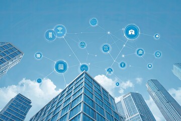 Cityscape with interconnected digital icons. Modern buildings, networked icons floating in a light blue sky
