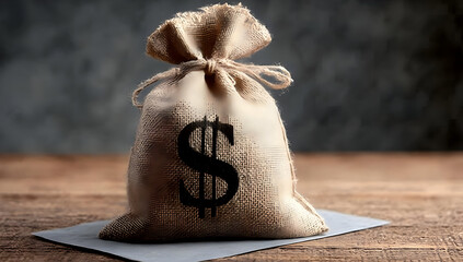 A burlap sack filled with money, symbolizing wealth and financial success in a rustic setting.
