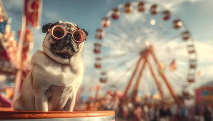 A charming pug wearing sunglasses sits peacefully against a vibrant carnival backdrop, capturing the essence of joy and fun.