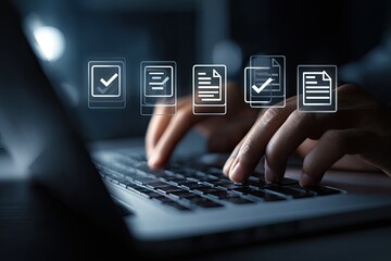 Close-up of hands typing on a laptop, with document and check icons overlayed