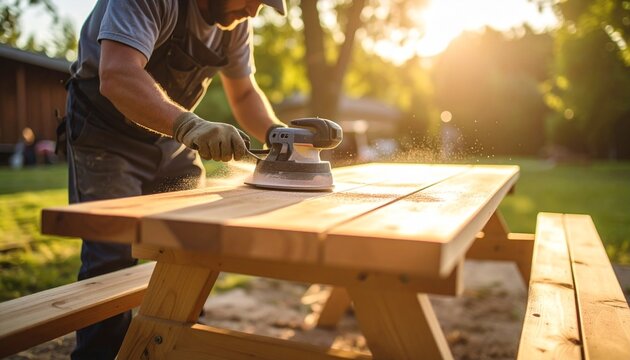 Dedicated craftsman working on a DIY home improvement project, sanding a wooden picnic table outdoors in the warm glow of the setting sun