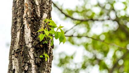 Obraz premium New spring growth emerges from a tree trunk, delicate green leaves contrasting against the rough bark