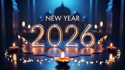 Celebrate the New Year 2026 with glowing numbers and festive candlelight creating a magical, celebratory atmosphere for your special events and promotions.