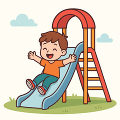 Child going down tube slide in playground, cute flat vector illustration