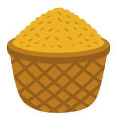 Basket of rice illustration isolated on white background, agricultural food crop, flat vector design.