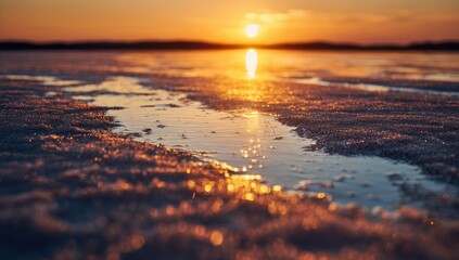 Golden sunset over a frozen lake.  Shallow water pools reflect the sun