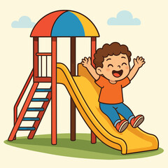 Obraz premium Child raising hands while sliding on playground, flat cartoon design