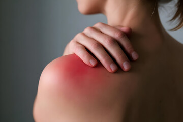 A close-up of a woman experiencing shoulder pain, highlighting the back and a red area indicating discomfort.