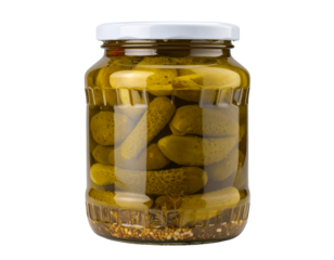 A healthy glass jar of green dill pickles with marinated cucumbers