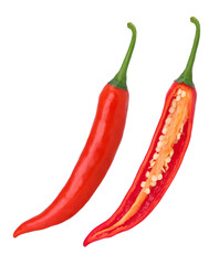 Fresh red chili and half isolated, transparent PNG, PNG format, cut out