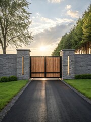 Fototapeta premium Modern wooden security gate framed by sleek stone walls, bordered by a road and lush green grass, serene atmosphere