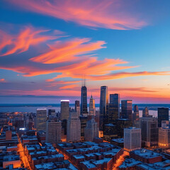 Obraz premium Modern skyscrapers rising against a dramatic purple and blue sunset sky