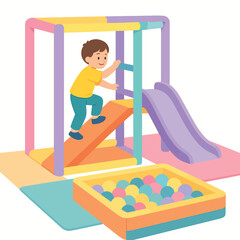 Naklejka premium Toddler playing on small indoor slide, flat 2D pastel cartoon style