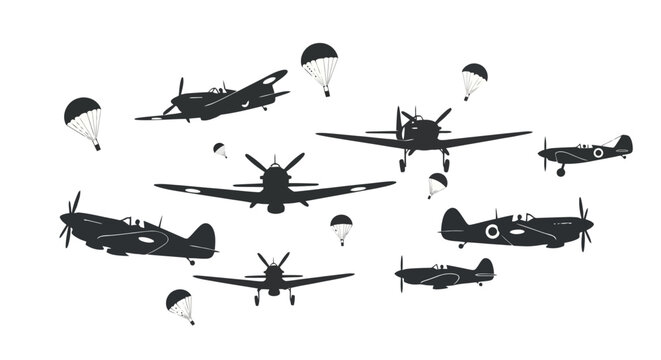 Vintage Aircraft Silhouette Collection Featuring Historical Warplanes and Parachutes for Aviation Enthusiasts and Historical Illustrations